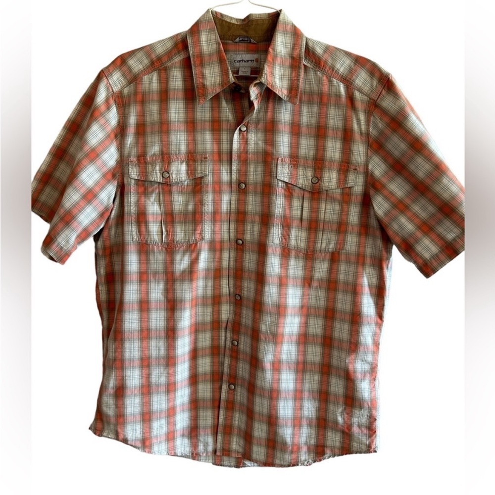 Carhartt orange plaid pearl snap short sleeve men's shirt size L